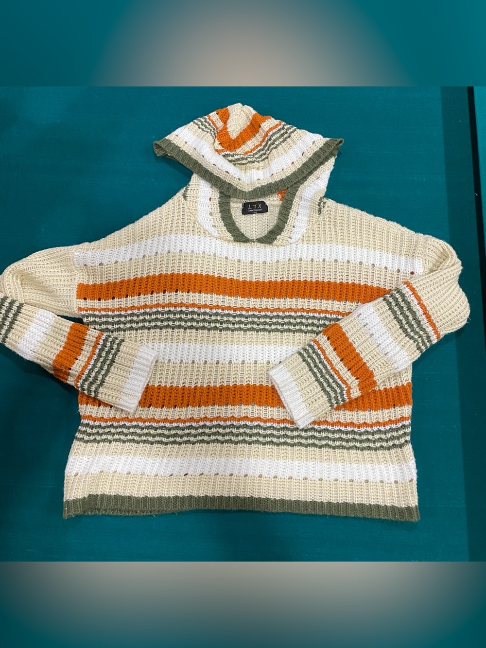 Women’s Striped Hooded Lightweight Sweater - Cream, Orange & Olive Size M